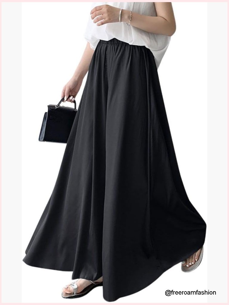 Women's Satin Silky Wide Leg Culotte Pants High Elastic Waist Party Palazzo